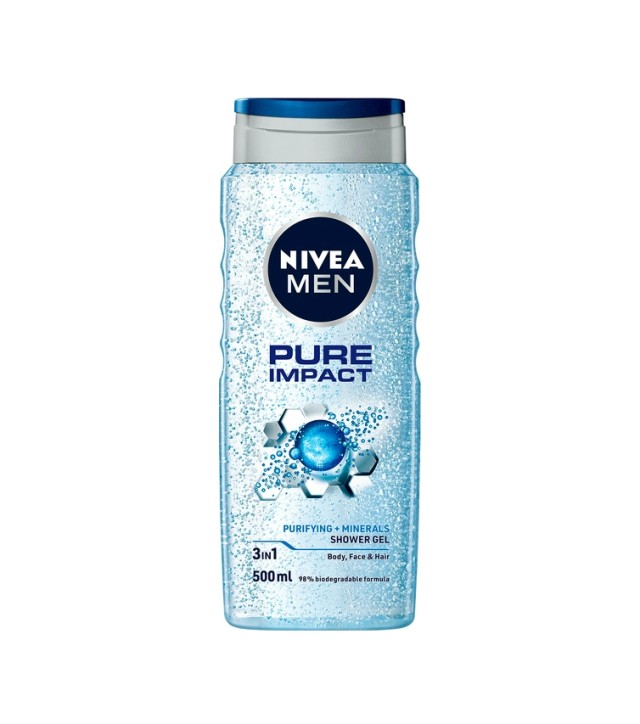 Nivea Men Pure Impact Shower Gel 3 in 1 New Biodegradable Formula for Body Face and Hair 500ml