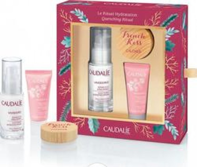 Caudalie Vinosource Quenching Ritual Set - Vinosource SOS Thirst Quenching Serum 30ml + Vinosource Moisturizing Sorbet 15ml + French Kiss Baume Levres Teinte Tinded Lip Balm