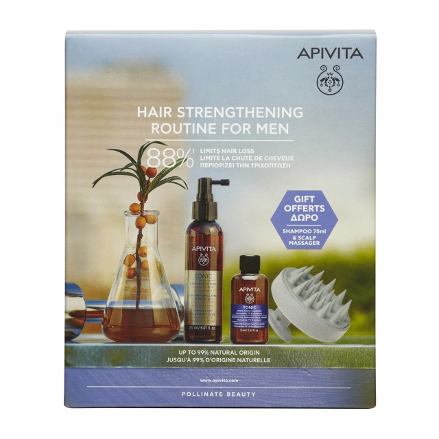 Apivita Set Hair Strenghtening Routine For Man Tonic Hair Loss Lotion 150ml + Δώρο Men's Tonic Shampoo 75ml + Scalp Massager 1τμχ