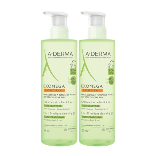 A-Derma Set Exomega Control 2 in 1 Anti-Scratching Emollient Cleansing Gel 2x500ml -50% στο 2ο Προϊόν