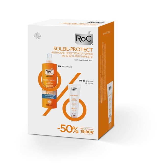 Roc Soleil Protect Αντηλιακό Σπρέι Ενυδάτωσης 30SPF 200ml & Αντηλιακή Κρέμα Προστασίας & Λάμψης με Χρώμα 50SPF 50ml