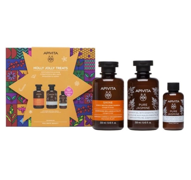 Apivita Set Holly Jolly Treats Σαμπουάν Λάμψης & Αναζωογόνησης Πορτοκάλι & Μέλι 250ml & Pure Jasmine Αφρόλουτρο 250ml & Pure Jasmine Ενυδατικό Γαλάκτωμα 75ml