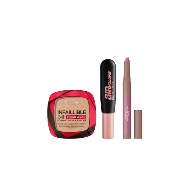 L'oreal Paris Set Infaillible 24H Fresh Wear μεικαπ σε μορφή πούδρας 120 Vanilla 9gr + Matte Lip Crayon 102 Caramel Blondie Μολύβι Χειλιών 1,3gr + Air Volume 30h Mega Black Μάσκαρα 9,4ml