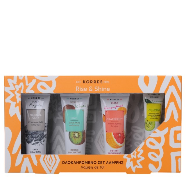Korres Σετ Rise & Shine Μάσκα για Βαθύ Καθαρισμό Άργιλος 18ml + Scrub Ήπιας Απολέπισης Kiwi 18ml + Μάσκα με Γκρέιπφρουτ για Λάμψη 18ml + Μάσκα με Αγγούρι για Μαύρους Κύκλους και Σακούλες 8ml