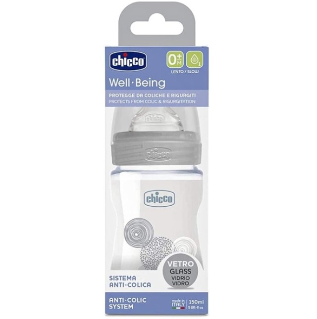 Chicco Well Being Γυάλινο Μπιμπερό με Θηλή Σιλικόνης 0m+ 150ml