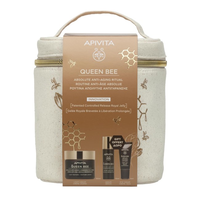 Apivita Set Queen Bee Absolute Anti-Aging & Regeneration Cream Αντιγηραντική Κρέμα Ελαφριάς Υφής 50ml + Δώρο Queen Bee Absolute Anti-Aging Serum Αντιγηραντικός Ορός Προσώπου 10ml + Queen Bee Κρέμα Ματιών 5ml + Nεσεσέρ 1τμχ