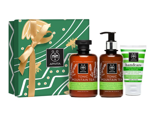 Apivita Pure Mountain Tea Gift Set - Shower Gel with Essential oils 300ml + Moisturizing Body Milk 200ml + Moisturizing Hand Cream with Aloe & Honey 50ml
