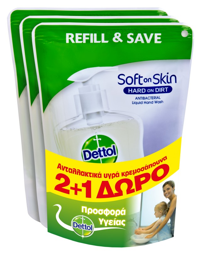 Dettol Soft on Skin Hard on Dirt Liquid Ανταλλακτικό Υγρό Κρεμοσάπουνο για Ευαίσθητες Επιδερμίδες 2+1 Δώρο 3Χ200ml