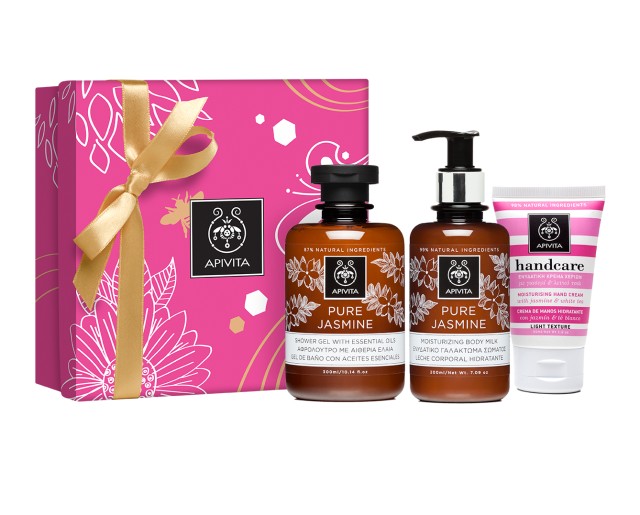 Apivita Pure Jasmine Gift Set - Shower Gel with Essential Oils with Jasmine 300ml + Moisturizing Body Milk with Jasmine 200ml + Moisturizing Hand Cream with Jasmine & White Tea 50ml