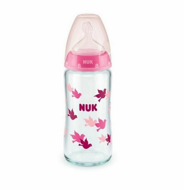 Nuk First Choice+ Γυάλινο Μπιμπερό Με Θηλή Σιλικόνης M Ρόζ 0-6m 240ml 1τμχ