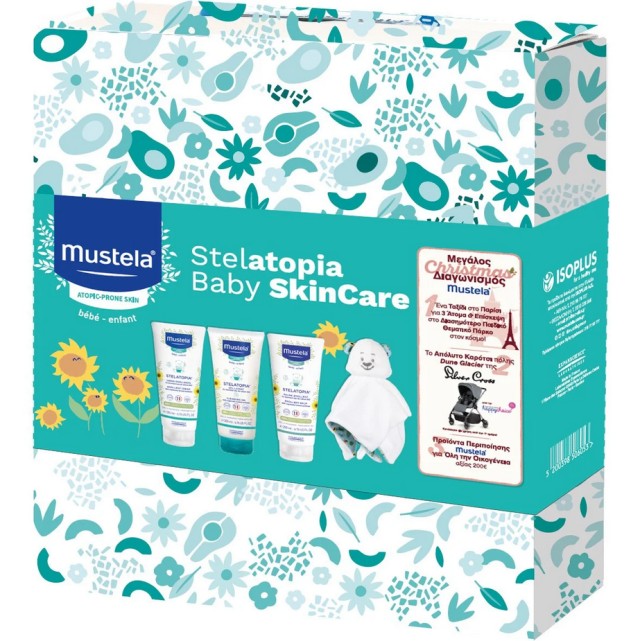 Mustela Set Stelatopia Baby Skincare Αφροντούς για Σώμα&Μαλλιά 200ml + Μαλακτική Κρέμα 200ml + Μαλακτικό Βάλσαμο 200ml + Μπουρνούζι 1τμχ