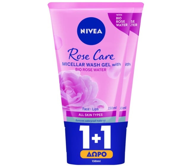 Nivea Rose Care Micellar Wash Gel Τζελ Καθαρισμού Με Ροδόνερο 150ml 1+1 ΔΩΡΟ