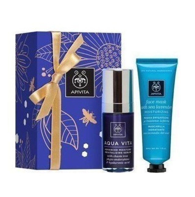 Apivita Face Hydration Gift Set - Aqua Vita Intense Moisturizing & Revitalizing Serum with Chaste Tree Phyto Endorphins & Hyaluronic Acid 30ml + Moisturizing Face Mask with Sea Lavender 50ml