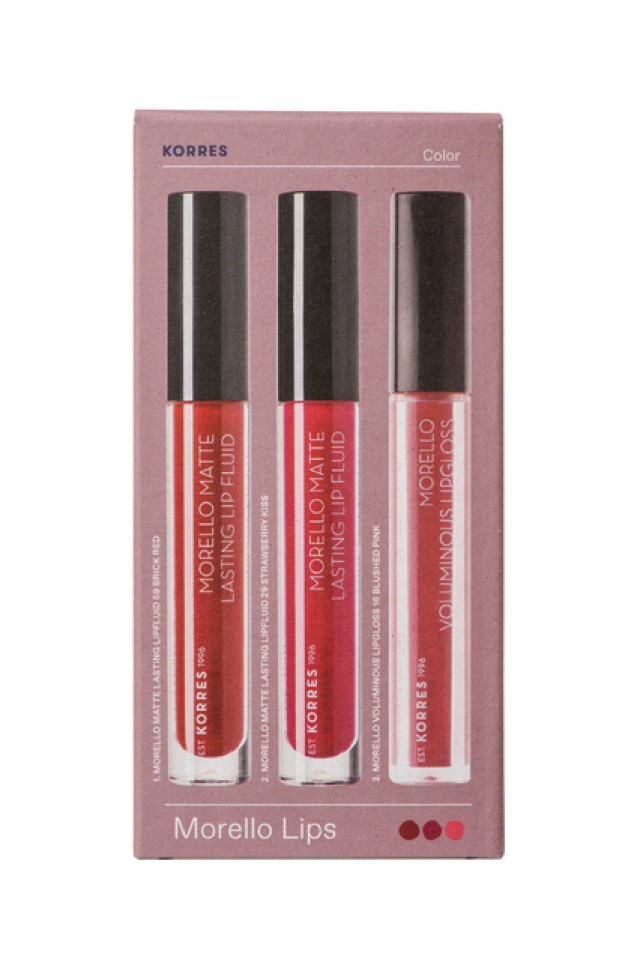Korres Set Morello Creamy Lipstick 59 Burgundy Red 3,5gr + Korres Morello Matte Lasting Lip Fluid 29 Strawberry Kiss 3,4ml + Korres Morello Voluminous LipGloss 16 Blushed Pink 4ml -50%