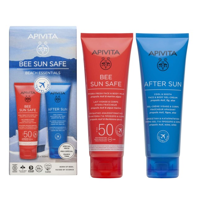 Apivita Set Beach Essentials Travel Size Bee Sun Safe Hydra Fresh Face & Body Milk Spf 50 100ml & After Sun Gel-Cream 100ml