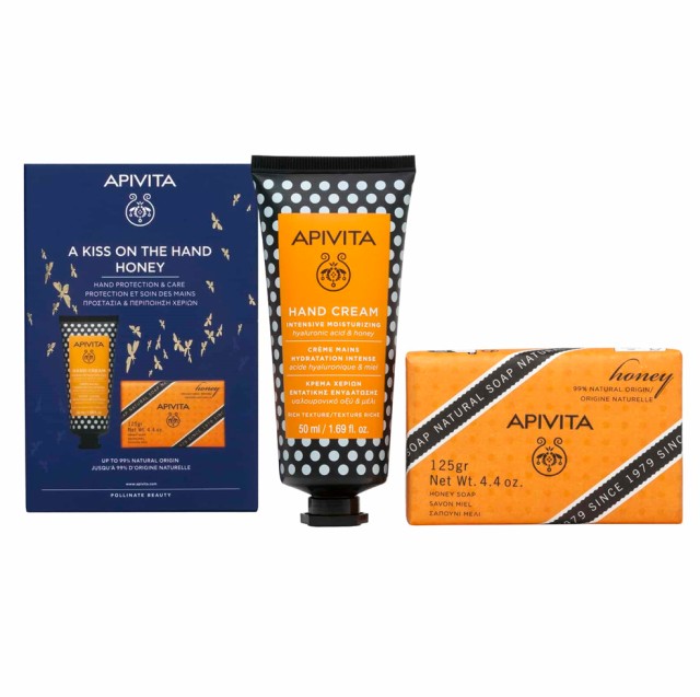 Apivita Set A Kiss On The Hand Hand Cream Κρέμα Χεριών Εντατικής Ενυδάτωσης με Υαλουρονικό Οξύ & Μέλι 50ml + Natural Soap Honey Φυσικό Σαπούνι Μέλι 125gr