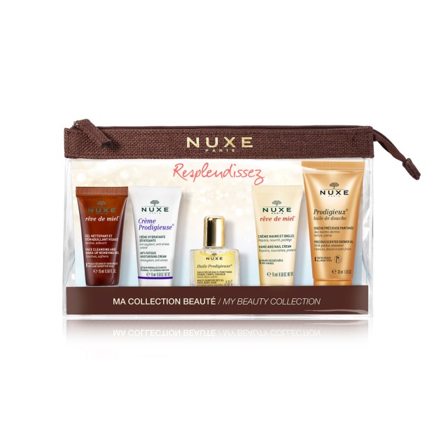 Nuxe Travel Kit Nuxe Reve de Miel Cleansing and Make-Up Removing Facial Gel 15ml + Nuxe Creme Prodigieuse 15ml + Nuxe Huile Prodigieuse Multi-Purpose Dry Oil 10ml + Nuxe Reve de Miel Hand and Nail Cream 15ml + Nuxe Prodigieux Shower Oil 30ml