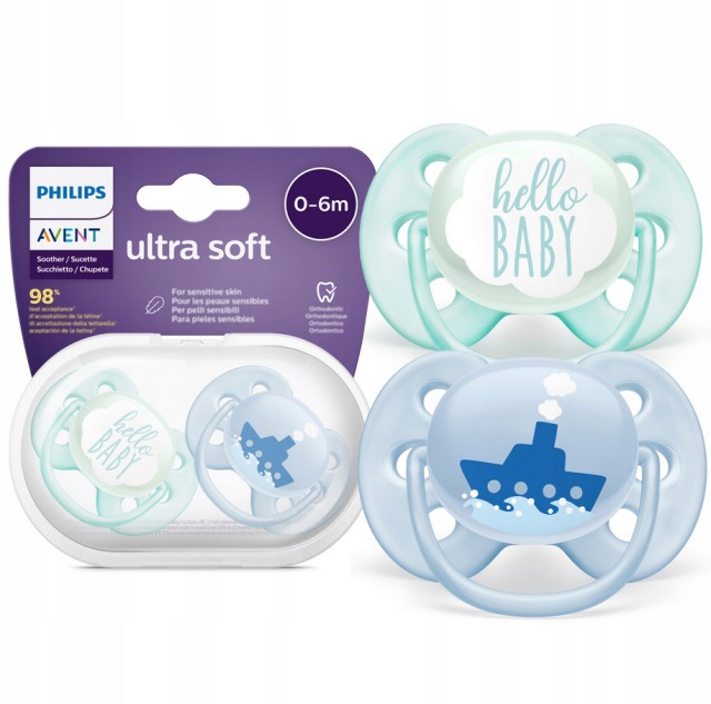 Avent Philips Ultra Soft SCF222/01 Ορθοδοντικές Πιπίλες για Αγόρια 0-6m 2τμχ