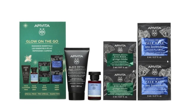 Apivita Set Glow On The Go με Αναζωογονητικό Μαύρο Gel Καθαρισμού Πρόσωπο & Μάτια 50ml + Aqua Beelicious Λοσιόν Ενυδάτωσης Κατά των Ατελειών 20ml +Μάσκα Ματιών Ginkgo Biloba 2x2ml + Μάσκα Προσώπου Θαλάσσια Λεβάντα 2x8ml