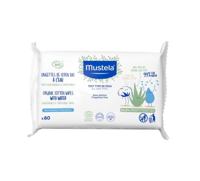 Mustela Organic Cotton Wipes with Water Μωρομάντηλα Καθαρισμού με Νερό 60τμχ