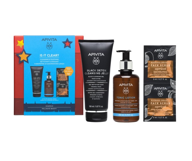 Apivita Set Is It Clear? Black Detox Cleansing Jelly Μαύρο Gel Καθαρισμού Προσώπου 150ml + Apivita Tonic Lotion Καταπραϋντική & Ενυδατική Λοσιόν για το Πρόσωπο 200ml + Apivita Express Beauty Face Scrub Βερύκοκο 2x8ml