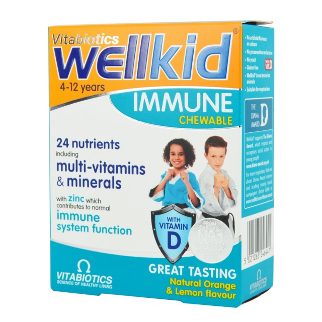 VITABIOTICS Wellkid Immune 4-12 Χρονών, 30 Μασώμενες Ταμπλέτες Πορτοκάλι-Λεμόνι