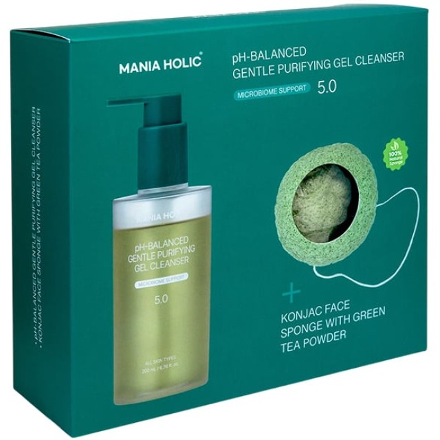 Mania Holic Set με pH-Balanced Gentle Purifyng Gel Cleanser Καθαριστικό Προσώπου 200ml & Konjac Face Sponge Green Tea Powder Σφουγγάρι Προσώπου