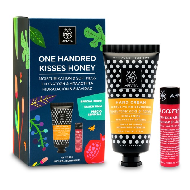 Apivita Set One Handred Kisses Honey Hand Cream Κρέμα Χεριών με Υαλουρονικό και Μέλι 50ml + Lip Care with Pomegranate 4.4gr