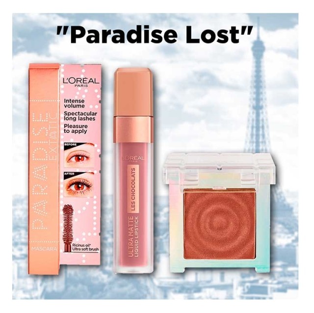L'Oreal Paris  Paradise Lost Paradise Mascara Black Color 6.4ml & Les Chocolats 842 Candy Man Liquid lipstick 7.6ml & Color Queen Force 02