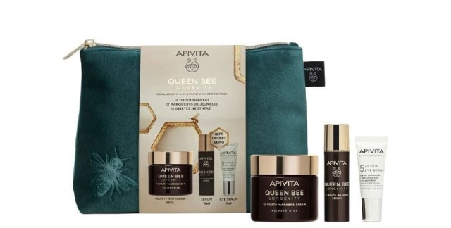 Apivita Set Queen Bee Longevity -Queen Bee Longevity Velvety Rich Cream 50ml + Queen Bee Longevity Serum Ορός Προσωπου 10ml + 5 Action Eye Serum Ορό Ματιών 5ml + Νεσεσέρ