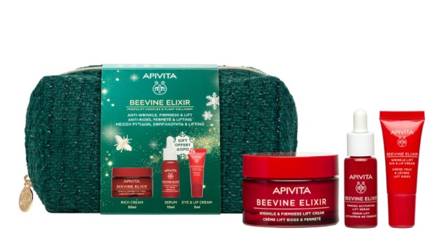 Apivita Promo Beevine Elixir Wrinkle & Firmness Lift Rich Cream Αντιρυτιδική Κρέμα Ημέρας Πλούσιας Υφής, 50ml + Beevine Elixir Serum Oρός 10ml + Eye & Lip Cream Αντιρυτιδική Κρέμα Ματιών & Χειλιών, 5ml + Νεσεσέρ