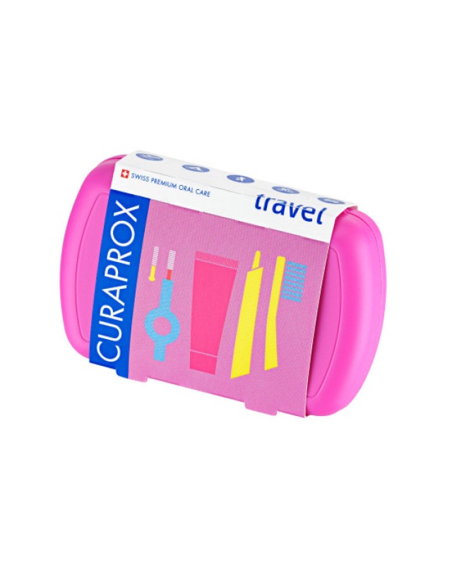 Curaprox Travel Set Στοματικής Υγιεινής Ταξιδίου με Οδοντόκρεμα 10ml + Οδοντόβουρτσα Πτυσσόμενη + Μεσοδόντιο Βουρτσάκι Καθαρισμού + Κουτί Μεταφοράς Ροζ 1τμχ