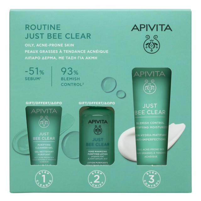 Apivita Set Just Bee Clear Cream - Κρέμα Προσώπου Κατά Των Ατελειών Για Ενυδάτωση & Ματ Αποτέλεσμα 40ml + Δώρο Gel καθαρισμού 15ml & Λοσιόν Σύσφιξης Πόρων 50ml