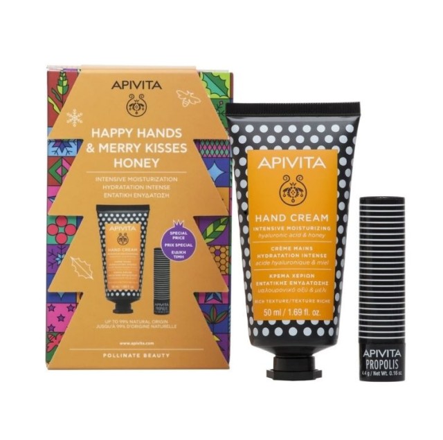 Apivita Set Happy Hands & Merry Kisses Honey Κρέμα Χεριών Εντατικής Ενυδάτωσης με Υαλουρονικό Οξύ & Μέλι 50ml & LipCare Propolis 4.4gr