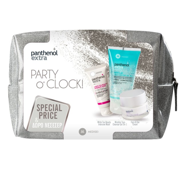 Panthenol Extra Set Party O'Clock Silver Micellar True Cleanser Gel 3in1 Ζελέ Καθαρισμού 150ml + Face & Eye Cream Αντιρυτιδική Κρέμα 50ml + White Tea Beauty Intensive Mask Μάσκα με Λευκό Τσάϊ 50ml + Δώρο Ασημένιο Νεσεσέρ 1τμχ