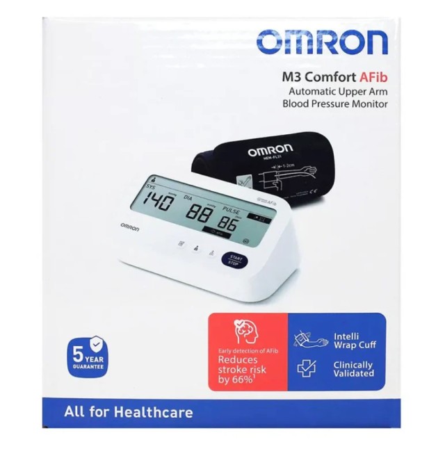 Omron M3 Comfort AFIB Blood Pressure Monitor & Power Supply Πιεσόμετρο Μπράτσου Κολπικής Μαρμαρυγής HEM-7196-FLE 1τμχ