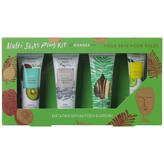 Korres Σετ Multi Shots Play Kit Scrub Kiwi Ήπιας Απολέπισης 18ml + Natural Clay Μάσκα για Βαθύ Καθαρισμό 18ml + Mask Babassu Butter Μάσκα Εντατικής Ενυδάτωσης & Θρέψης 18ml + Μάσκα με Αγγούρι για Μαύρους Κύκλους και Σακούλες 8ml