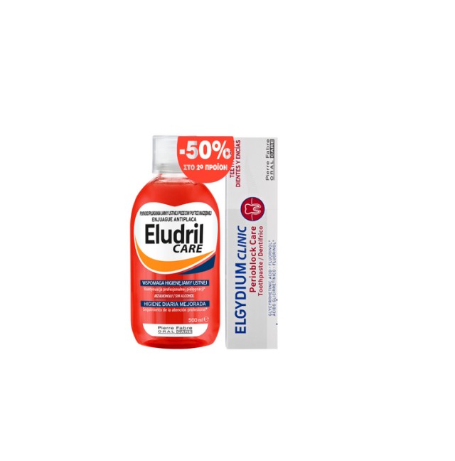 Elgydium Eludril Care Mouthwash 500ml + Elgydium Clinic Perioblock Care Toothpaste for Irritated Gums 75ml -50% on the 2nd product