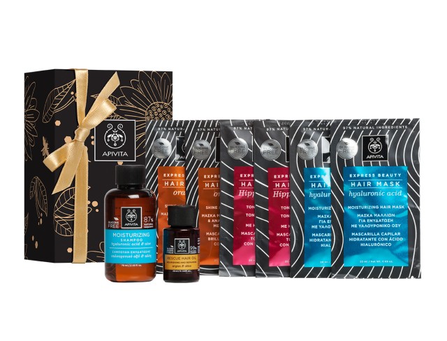 Apivita Express Beauty Hair Masks - Hyaluronic Acid Orange, Hippophae TC 6x20ml + Moisturizing Shampoo with Hyaluronic Acid & Aloe 75ml + Rescue Hair Oil with Argan oil & Olive 20ml