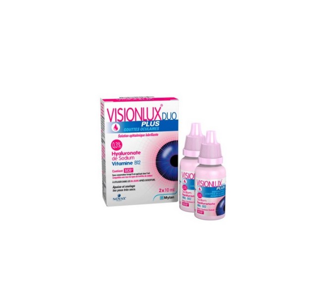 Novax Visionlux Duo Plus Lubrucating Eye Drops Λιπαντικό Οφθαλμικό Διάλυμα με Υαλουρονικό Νάτριο + B12 σε Σταγόνες 2x10ml