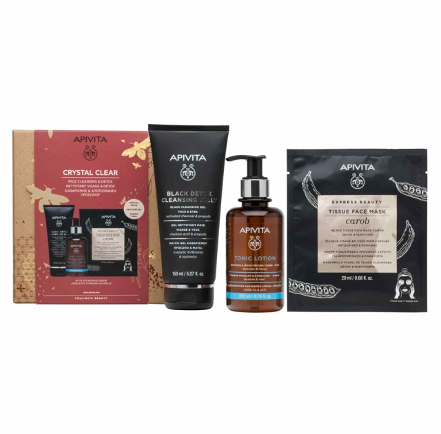 Apivita Set Crystal Clear Black Detox Cleansing Gel 150ml + Tonic Lotion Lavender & Honey 200ml + Express Beauty Tissue Face Mask Carob 20ml