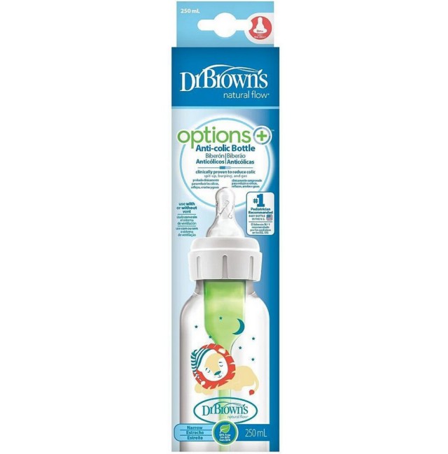 Dr. Brown's Μπιμπερό Πλαστικό Natural Flow Options+ Anti-Colic Bottle Narrow 0m+ Λιοντάρι 250ml