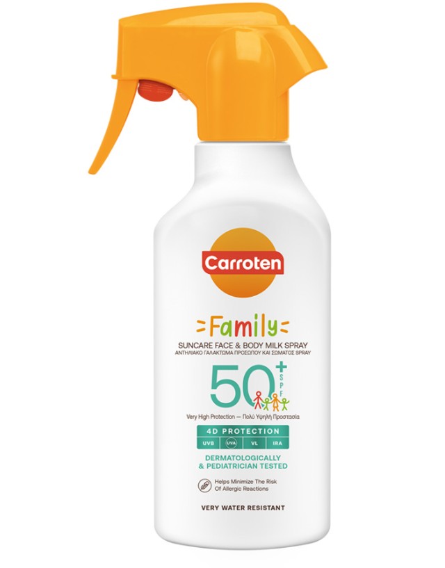 Carroten Family 4D Protection Suncare Face & Body Milk Spray Αντηλιακό Γαλάκτωμα Σπρέι Προσώπου & Σώματος SPF50+ 270ml