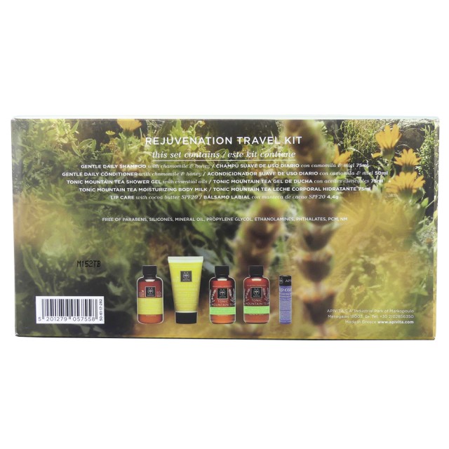 Apivita Rejuvenation Travel Kit με Gentle Daily Shampoo 75ml + Gentle Daily Conditioner 50ml + Tonic Mountain Tea Shower Gel 75ml + Tonic Mountain Tea Moisturizing Body Milk 75ml & Lip Care with Cocoa Butter SPF20, 4.4gr