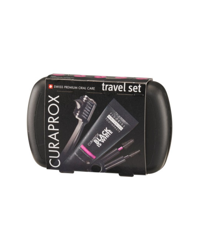 Curaprox Travel Set Black is White Πακέτο Στοματικής Υγιεινής Ταξιδίου με Λευκαντική Οδοντόκρεμα 10ml + Οδοντόβουρτσα Πτυσσόμενη 1τμχ + Μεσοδόντιο Βουρτσάκι Καθαρισμού 2τμχ + Κουτί Μεταφοράς 1τμχ