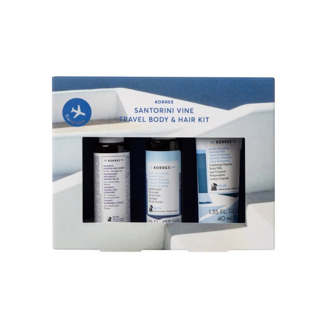 Korres Santorini Vine Travel Body Hair Kit, Σαμπουάν Αμύγδαλο Λινάρι 40 ml & Αφρόλουτρο Αμπέλι Σαντορίνης 40 ml & Γαλάκτωμα Σώματος Αμπέλι Σαντορίνης 40 ml, 3x40ml
