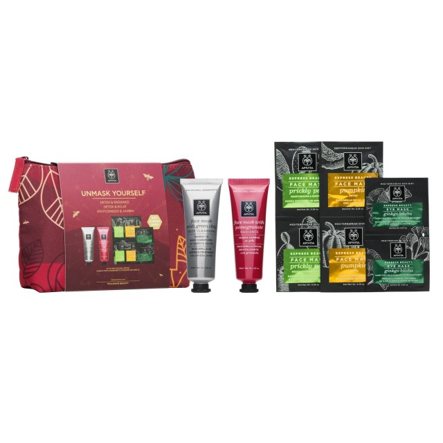 Apivita Set Unmask Yourself Face Mask with Green Clay 50ml + Face Mask with Pomegranate 50ml + Δώρο Μάσκες Προσώπου με Φραγκόσυκο 2x8ml,Κολοκύθα 2x8ml,Gingko Biloba 2x2ml