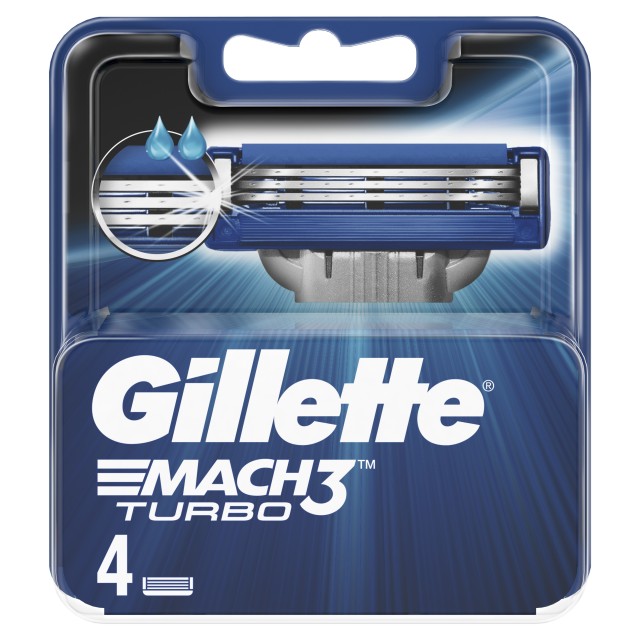 Gillette Mach3 Turbo Ανταλλακτικές Κεφαλές Ξυριστικής Μηχανής, 4 Ανταλλακτικά, Με Λεπίδες πιο Δυνατές Και Από Ατσάλι