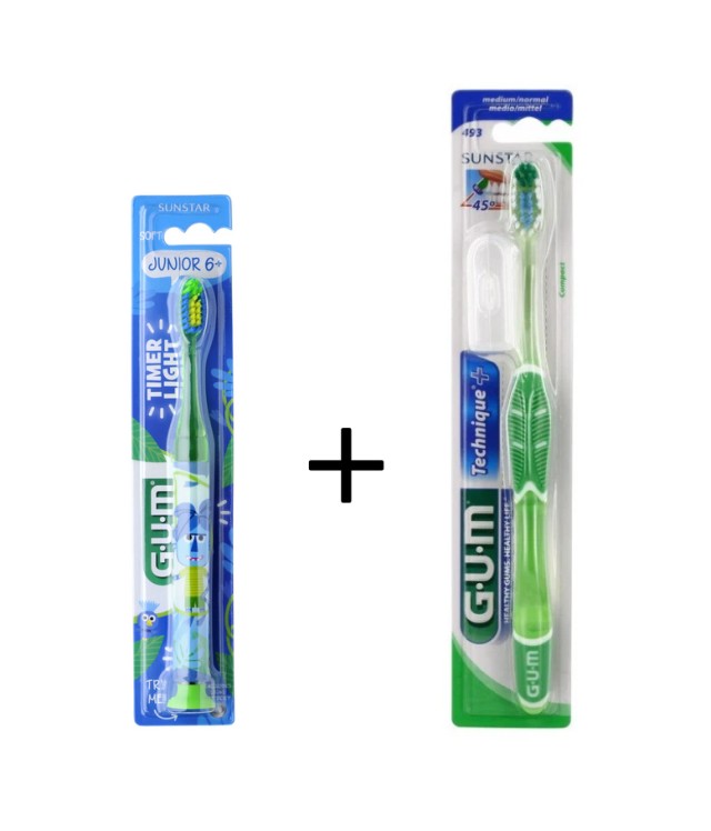 Gum Set 903Μ2 Παιδική Οδοντόβουρτσα Light up Πράσινο 1τμχ + Δώρο Gum 528 Pro Medium Οδοντόβουρτσα Ενηλίκων 1τμχ