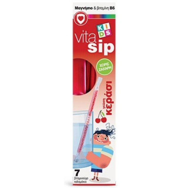 Power Health Vitasip Kids Καλαμάκια με Μαγνήσιο & Βιταμίνη Β6 Χωρίς Ζάχαρη με Γεύση Κεράσι 7τμχ